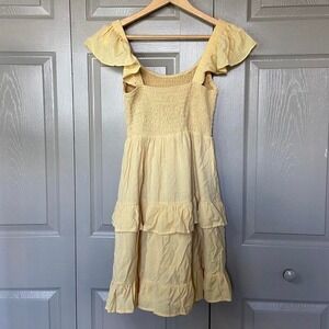 Ruffle Babydoll Sun‎ Dress Pastel Yellow Mini Dress Smocked Summer Dress size M